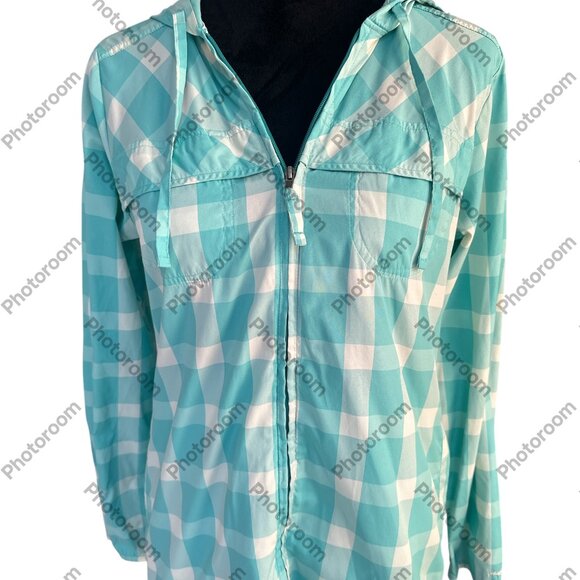 Patagonia Medium Blue & White Checked Zip Long Sleeve Hooded Windbreaker - Picture 1 of 5